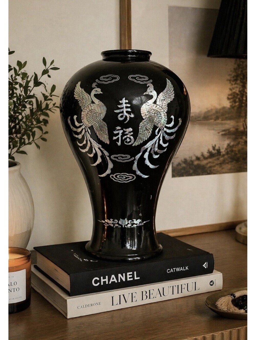 Vintage Korean Black Lacquer Mother of Pearl Phoenix Vase 17”